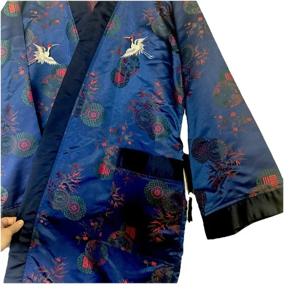 Vintage Silk Blend Chinese Hand Embroidered Kimono Robe Flower Birds Crane Stork - Picture 1 of 9